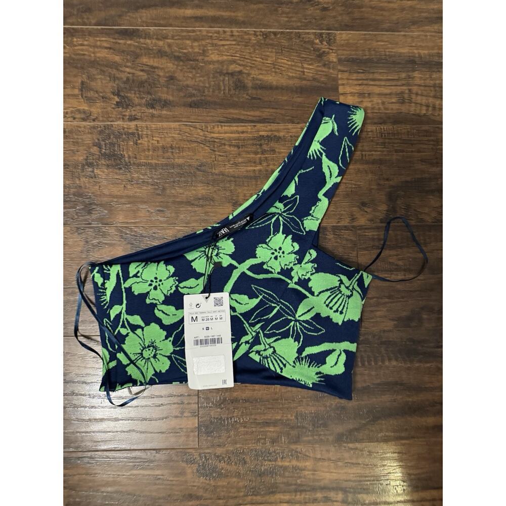 Zara Navy Blue & Green Tropical Sleeveless One Shoulder Crop Top New Size Medium